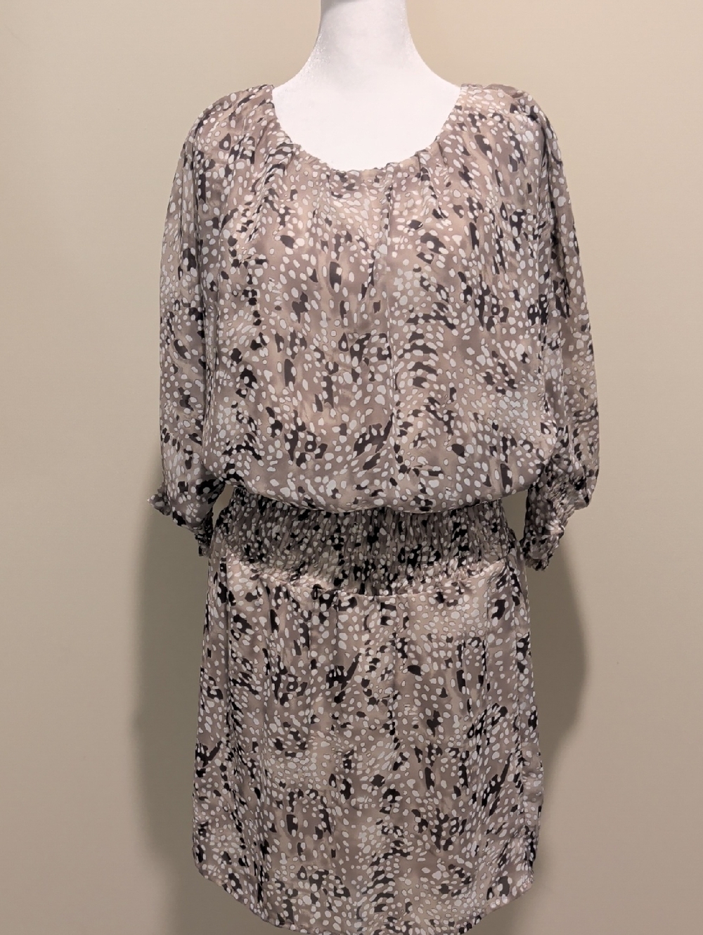 Madison Paige Taupe Dot-Print Smocked Waist Midi Dress